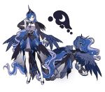  1girl alus_(aluslikefafa) animal aqua_eyes bell_sleeves black_corset black_crown black_shoes black_skirt black_sleeves blue_fur blue_hair blue_skirt blue_tail blue_wings brooch clothed_animal commentary_request corset creature_and_personification crescent crescent_necklace crescent_print crown cutie_mark dress flats frilled_sleeves frills from_behind full_body gold_trim hand_on_own_chin high-low_skirt highres horse horse_tail humanization humanized_skin_color jewelry lace-trimmed_collar lace-trimmed_dress lace_trim layered_skirt layered_sleeves long_hair looking_at_another looking_at_viewer moon_print multicolored_hair multicolored_shoes my_little_pony my_little_pony:_friendship_is_magic necklace overskirt pale_skin parted_bangs personification princess_luna purple_dress purple_hair purple_shoes purple_tail shoes side_part simple_background skirt sleeve_slit smile solo square_neckline tail two-tone_hair two-tone_shoes two-tone_tail unicorn_girl unicorn_horn very_long_hair wavy_hair white_background white_sleeves wide_sleeves winged_unicorn wings 
