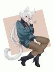  1girl animal_ears asticassia_school_uniform black_boots black_pantyhose boots cat_ears cat_girl cat_tail claw_pose claws commentary fang green_jacket green_shorts grey_eyes gundam gundam_suisei_no_majo high_heel_boots high_heels highres jacket kemonomimi_mode long_hair looking_at_viewer mak_(kainemaru) miorine_rembran open_mouth pantyhose pink_background school_uniform shorts solo tail two-tone_background white_background white_hair 