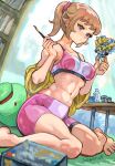  1girl bike_shorts blue_eyes breasts brown_hair commentary dated full_body gundam gundam_build_fighters gundam_build_fighters_try highres holding holding_brush holding_toy hoshino_fumina indoors knees_together_feet_apart looking_at_object mecha medium_breasts midriff navel okrdisk2000 pink_shorts pink_sports_bra robot shorts sitting solo sports_bra toy two-tone_shorts two-tone_sports_bra white_shorts white_sports_bra 
