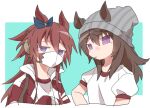  2girls animal_ears beanie beer_hsk blue_background blue_ribbon cropped_torso ear_ribbon ears_through_headwear grey_background hair_between_eyes hat horse_ears jacket looking_at_viewer mask mouth_hold mouth_mask multiple_girls nakayama_festa_(umamusume) open_clothes open_jacket orfevre_(old_design)_(umamusume) puffy_short_sleeves puffy_sleeves purple_eyes red_jacket ribbon shirt short_sleeves striped_clothes striped_headwear track_jacket two-tone_background umamusume upper_body vertical-striped_clothes vertical-striped_headwear white_background white_shirt 