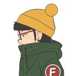  1boy beanie black_hair coat commentary_request drawstring earrings franky_franklin from_side green_coat hat highres hood hooded_coat jewelry male_focus open_mouth ouka_(gegege_853suki) pom_pom_(clothes) pom_pom_beanie profile rectangular_eyewear red-framed_eyewear short_hair simple_background solo spy_x_family white_background yellow_hat 