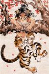 1boy 4_virgin aged_down animal_ears black_hair blue_eyes branch brown_background centauroid child commentary_request dark-skinned_male dark_skin flower full_body fur-tipped_tail gradient_hair hair_bun hanging highres male_focus monster_boy multicolored_hair nihonga original outdoors plum_blossoms redrawn short_hair solo speech_bubble sumi-e sweat tail taur thought_bubble tiger_boy tiger_ears tiger_tail very_short_hair 