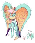 alien ambiguous_gender annoyed anthro antlers biped blush blush_lines carrying_another chest_tuft chinchilla chinchillid colored_nails countershading cross-popping_vein digital_drawing_(artwork) digital_media_(artwork) digitigrade dipstick_tail duo fecto_elfilis fingernails fluffy fluffy_tail fur head_wings horn huge_wings japanese_text kirby kirby_(series) kusamochi looking_at_another mammal markings mouthless multicolored_body multicolored_fur nails neck_tuft nintendo on_head open_mouth open_smile orange_body orange_fur pink_body pink_eyes pupils purple_fingernails purple_nails raised_arm red_body rodent sequence signature simple_background size_difference smile starling_(kirby) tail tail_markings tan_body tan_fur teal_body teal_fur text throwing throwing_another translation_request tuft unusual_wing_placement waddling_head white_background wings