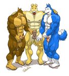  5_toes abs balls barefoot biceps big_feet big_muscles blitz brown_fur canine chestnuts_(artist) comparing comparing_penis doberman dog erection exile fur gay golden_retriever handjob hunter hunter_(road_rovers) husky male mammal masturbation muscles nipples nude penis road_rovers toes 