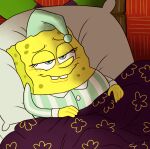 2023 4_fingers anthro bedding bedroom blanket blue_eyes blush blush_lines buckteeth clothing digital_drawing_(artwork) digital_media_(artwork) english_description fingers hat headgear headwear male marine nickelodeon night_cap pajama_shirt pajamas pattern_blanket pattern_clothing pillow pregnant pregnant_anthro pregnant_male purple_blanket sea_sponge shadow solo spongebob_squarepants spongebob_squarepants_(character) striped_clothing striped_pajamas stripes teal_clothing teal_hat teal_headwear teal_pajamas teeth under_covers vvondermoon white_button_(fastener) white_pillow yellow_body yellow_skin