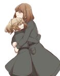  2girls 46isky21 baggy_pants belt black_belt blonde_hair blush brown_hair closed_eyes closed_mouth coat commentary_request cowboy_shot from_side green_coat green_pants hair_between_eyes hands_on_another's_back high_ponytail highres hug long_hair long_sleeves military military_uniform multiple_girls open_mouth pants pocket ponytail short_hair simple_background smile standing tanya_degurechaff viktoriya_ivanovna_serebryakov white_background youjo_senki yuri 