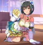  1girl absurdres ahoge animal_ears animal_hands bear_ears bell black_hair blush bow breasts brown_eyes commentary fellatio_gesture full_body fur-trimmed_collar fur_trim gloves highres idolmaster idolmaster_cinderella_girls kneeling kohinata_miho natsuya_(natuya777) neck_bell official_alternate_costume paw_gloves ribbon-trimmed_skirt ribbon_trim short_hair sidelocks solo tongue tongue_out white_bow 