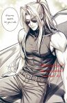  1boy alternate_costume bare_shoulders belt belt_buckle buckle car cat closed_mouth commentary cowboy_shot english_commentary english_text final_fantasy final_fantasy_vii highres light_smile long_bangs long_hair male_focus monsterbf1ilove motor_vehicle muscular muscular_male on_car pants parted_bangs ponytail screentones sephiroth sleeveless sleeveless_turtleneck solo sunglasses turtleneck 