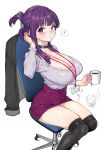  1girl breasts chair choker cleavage coffee_mug collar commentary_request cup fern_(sousou_no_frieren) frieren highres holding huge_breasts id_card karube_guri long_sidelocks looking_at_viewer miniskirt mug office_chair office_lady over-kneehighs pencil_skirt purple_eyes purple_hair sidelocks simple_background skirt solo sousou_no_frieren swivel_chair thighhighs white_background 