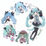  5girls :d :o animal_ear_fluff animal_ears bare_shoulders black_boots black_ribbon black_skirt black_sleeves blue_bow blue_eyes blue_necktie boots bow brown_hat brown_kimono cat_ears cat_girl cat_tail chibi closed_mouth collared_shirt commentary detached_sleeves double-parted_bangs full_body green_hair grey_shirt hair_between_eyes hair_bow hair_ribbon hands_up hat hatsune_miku highres japanese_clothes kemonomimi_mode kimono long_hair long_sleeves looking_at_viewer magical_mirai_(vocaloid) magical_mirai_miku magical_mirai_miku_(2020_summer) miniskirt multiple_girls multiple_persona necktie open_mouth paw_pose pleated_skirt polka_dot polka_dot_background rabbit rabbit_yukine ribbon senbonzakura_(vocaloid) shinkai_shoujo_(vocaloid) shirt skirt smile spring_onion standing symbol-only_commentary tail thigh_boots tie_clip twintails very_long_hair vocaloid watermark white_background wide_sleeves yuki_miku yuki_miku_(2017) yukomeow zettai_ryouiki 