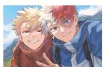 2boys akiyama_(noconoco) alternate_costume arm_up backpack bag bakugou_katsuki black_bag blonde_hair blue_eyes blue_jacket boku_no_hero_academia border brown_eyes burn_scar closed_mouth cloud commentary_request grin hetero jacket looking_at_viewer male_focus mountain multicolored_hair multiple_boys outdoors red_eyes red_hair red_jacket sanpaku scar scar_across_eye scar_on_cheek scar_on_face short_hair sky smile spiked_hair split-color_hair teeth todoroki_shoto upper_body v watermark white_border white_hair 