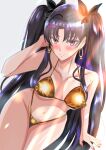  1girl absurdres armlet bikini black_hair blush breasts commentary_request earrings fate/grand_order fate_(series) gold_bikini highres ishtar_(fate) jewelry lemonburst long_hair looking_at_viewer navel red_eyes smile swimsuit tiara two_side_up 
