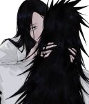  1boy 1girl anima_tion_1 black_hair bleach bleach:_sennen_kessen-hen blue_eyes hands_in_another's_hair haori highres japanese_clothes long_hair taichou_haori unohana_retsu white_haori zaraki_kenpachi 