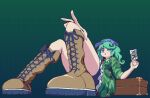  1girl bike_shorts boots brown_boots commentary_request foreshortening green_eyes green_hair green_jacket grin jacket knee_boots looking_at_viewer medium_hair photo_(object) pixel_art sitting smile solo suitcase touhou yado_taityou yamashiro_takane 