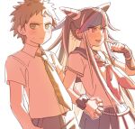  1boy 1girl ahoge blush collared_shirt commentary_request danganronpa_(series) danganronpa_2:_goodbye_despair flipped_hair gloves green_necktie hair_horns hinata_hajime holding_hands long_hair mei_guchuan messy_hair mioda_ibuki neckerchief necktie pink_neckerchief shirt striped_clothes striped_gloves 