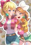  1up 2girls absurdres amanegi_toro aqua_shorts bandage_on_leg bandaid bandaid_on_leg bandaid_on_thigh belt bike_shorts bike_shorts_under_shorts blonde_hair blue_eyes blush bottle bow breasts brown_hair commentary_request cropped_jacket crossed_bandaids crown denim denim_shorts earrings fingerless_gloves flower_earrings gloves hair_bow highres holding holding_another's_arm holding_bottle jacket jewelry leaf long_hair long_sleeves mario_(series) mario_kart mario_kart_world medium_breasts milk milk_bottle multiple_girls official_alternate_costume open_clothes open_jacket open_mouth orange_gloves orange_jacket pink_bow pink_jacket ponytail princess_daisy princess_daisy_(touring) princess_peach princess_peach_(touring) shirt short_shorts short_sleeves shorts smile sphere_earrings super_mushroom teeth upper_teeth_only white_bow white_shirt 