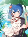  1girl black_dress blue_eyes blue_hair blurry blurry_background blurry_foreground blush bob_cut bow breasts center_frills day depth_of_field dew_drop dot_nose dress earrings flower frills hair_flower hair_ornament hands_up highres hodokareta_ito_no_sono_saki_ni_(project_sekai) holding holding_plant jewelry kiritani_haruka lily_pad looking_at_viewer lotus mini_person nature official_alternate_costume outdoors parted_lips pink_flower plant pond project_sekai red_bow ribbon short_hair sidelocks small_breasts solo straight-on two-sided_bow two-tone_dress uminokaisen upper_body water water_drop white_bow white_dress wide_sleeves 