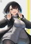  1girl :d arknights arknights:_endfield artist_name black_coat black_eyes black_hair black_pantyhose breasts chinchongcha coat commentary diamond-shaped_pupils diamond_(shape) double_v endministrator_(arknights) english_commentary female_endministrator_(arknights) fingernails grey_background grey_sweater hands_up highres long_sleeves looking_at_viewer medium_breasts mixed-language_commentary multicolored_eyes open_clothes open_coat open_mouth pantyhose ribbed_sweater short_hair smile solo split_mouth sweater symbol-shaped_pupils teeth two-tone_eyes upper_teeth_only v watermark yellow_eyes 
