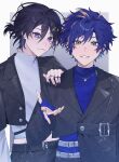  10_io 2boys :3 astel_leda beckoning belt belt_buckle black_belt black_hair black_jacket black_nails black_pants blonde_streaks blue_hair blue_shirt buckle buttons chain commentary_request earrings green_eyes grey_background grey_belt grin hair_ornament hairclip hand_on_another's_shoulder highres holostars jacket jewelry kanade_izuru lapel_pin lapels layered_sleeves long_sleeves male_focus midriff midriff_peek multicolored_hair multiple_belts multiple_boys multiple_rings nail_polish necklace notched_lapels o-ring pants ponytail purple_eyes ring shirt short_hair short_over_long_sleeves short_ponytail short_sleeves simple_background slit_pupils smile streaked_hair teeth turtleneck turtleneck_shirt two-tone_background upper_body virtual_youtuber wavy_hair white_background white_shirt 