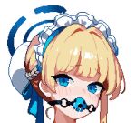  1girl ball_gag blonde_hair blue_archive blue_eyes blue_halo blue_ribbon blue_streaks braid bun_cover gag gagged hair_bun hair_ribbon half_up_braid halo looking_at_viewer maid maid_headdress multicolored_hair pixel_art ribbon saliva short_hair simple_background single_hair_bun solo streaked_hair toki_(blue_archive) white_background zhineng_qiu 