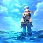  1boy amulet bandana belt black_belt black_shirt blue_eyes blue_hair blue_shorts blue_sky brown_gloves chrono_cross cloud cloudy_sky commentary_request gloves grey_vest hair_between_eyes lowres male_focus ocean red_bandana serge_(chrono_cross) shirt short_hair short_sleeves shorts sky solo sunakumo vest 