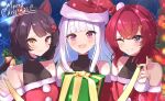  3girls :d alternate_costume ange_katrina animal_ears armpit_crease bare_shoulders bell black_leotard blue_background blue_eyes blue_hair blunt_bangs blurry blurry_background blush bow box christmas closed_mouth collarbone colored_inner_hair commentary_request crossed_bangs dog_ears dress english_text eyelashes fur-trimmed_dress fur-trimmed_headwear fur_trim gift gift_box green_bow grin group_picture hair_bell hair_bow hair_intakes hair_ornament hand_up hat heterochromia holding holding_gift holding_ribbon inui_toko leotard leotard_under_clothes light_particles lize_helesta long_hair long_sidelocks long_sleeves looking_at_viewer low_twintails medium_hair merry_christmas multicolored_hair multiple_girls nijisanji nishiki_yuno one_eye_closed open_mouth polka_dot polka_dot_bow pom_pom_(clothes) purple_eyes raised_eyebrows red_dress red_eyes red_hair red_hat ribbon sanbaka_(nijisanji) santa_costume santa_dress santa_hat sidelocks smile snowflakes swept_bangs teeth twintails two-tone_hair upper_teeth_only virtual_youtuber white_hair yellow_eyes yellow_ribbon 