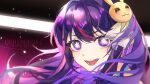  +_+ 1girl commentary_request hair_between_eyes hair_ornament highres hoshino_ai hoshino_ai's_pose idol idol_clothes long_hair multicolored_hair open_mouth oshi_no_ko purple_eyes purple_hair rabbit_hair_ornament smile star-shaped_pupils star_(symbol) star_in_eye symbol-shaped_pupils symbol_in_eye xrchuan_(annaxrc) 