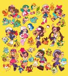  6+girls akari_(pokemon) aqua_hair black_hair blonde_hair blue_hair brown_hair bucket_hat bulbasaur charmander chespin chikorita chimchar cyndaquil dawn_(pokemon) fennekin froakie fuecoco gloria_(pokemon) grookey hat highres hilda_(pokemon) juliana_(pokemon) kris_(pokemon) leaf_(pokemon) litten lyra_(pokemon) mudkip multiple_girls oshawott piplup poke_ball pokemon pokemon_bw pokemon_bw2 pokemon_dppt pokemon_frlg pokemon_gsc pokemon_hgss pokemon_legends:_arceus pokemon_rse pokemon_sm pokemon_sv pokemon_swsh pokemon_xy popplio quaxly rosa_(pokemon) rowlet school_uniform scorbunny selene_(pokemon) serena_(pokemon) snivy sobble sprigatito squirtle tepig tonestarr torchic totodile treecko turtwig yellow_background 