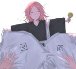  1boy 2girls anima_tion_1 bleach bleach:_sennen_kessen-hen blush_stickers candy closed_eyes food haori highres holding holding_candy holding_food holding_lollipop japanese_clothes kusajishi_yachiru lollipop lying medium_hair multiple_girls on_back outstretched_arms pink_hair shihakusho sleeping solo_focus star_(symbol) taichou_haori unohana_retsu unworn_clothes white_haori zaraki_kenpachi zzz 