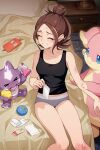  1girl 7dango7 absurdres audino bare_shoulders bed berry black_tank_top blush breasts brown_hair closed_eyes commentary_request crying grey_panties grin hair_bun harmony_(pokemon) highres medium_breasts panties parted_bangs pokemon pokemon_legends:_z-a rotom rotom_phone short_hair sitting smile tank_top thighs toxel underwear 
