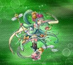  1girl black_thighhighs blush boots bow breasts commentary_request company_name copyright_logo copyright_name copyright_notice detached_sleeves dress flower full_body green_hair hair_flower hair_ornament highres himegami_kagura holding holding_rod logo long_hair looking_at_viewer medium_breasts ms06s official_art open_mouth outstretched_arm ponytail puffy_sleeves red_bow rod shosei_(himegami_kagura) sleeveless sleeveless_dress smile snake solo standing sunflower tail thighhighs thighs third-party_source v v_over_eye very_long_hair white_boots wide_sleeves yellow_bow yellow_eyes 