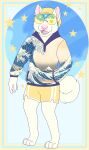 2018 aliasing anthro barefoot beanie blue_hair bottomwear canid canine canis clothed clothing curled_tail digital_drawing_(artwork) digital_media_(artwork) digitigrade domestic_dog eyewear feet flat_colors full-length_portrait fully_clothed fur hair hand_in_pocket hat headgear headwear hindpaw hoodie humanoid_hands male mammal microsoft_paint_(artwork) open_mouth paws pink_inner_ear pink_nose pink_tongue pockets portrait round_sunglasses sebdoggo shorts solo standing star_polygon sunglasses tail teeth tongue topwear white_body white_fur yellow_beanie yellow_bottomwear yellow_clothing yellow_hat yellow_headwear yellow_shorts