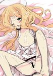  after_sex blonde_hair cattleya_(pokemon) censored cum cum_on_body cum_on_hair cum_on_lower_body cum_on_upper_body elite_four facial flat_chest green_eyes long_hair lying nakamura_sandayo on_back one_eye_closed panties panty_pull pointless_censoring pokemon pokemon_(game) pokemon_bw solo tongue underwear 