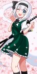  1girl absurdres black_bow black_bowtie black_hairband black_socks blue_eyes bow bowtie cherry_blossoms commentary floral_background frilled_skirt frills from_side green_skirt green_vest hairband highres hitodama hitodama_print katana kneehighs konpaku_youmu konpaku_youmu_(ghost) looking_at_viewer one_eye_closed open_mouth pancetta_(twitter_1735264787037396992) pink_background print_skirt print_vest puffy_short_sleeves puffy_sleeves sheath sheathed short_hair short_sleeves skirt socks solo sword teeth touhou upper_teeth_only vest weapon white_hair 