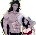  1boy 1girl abs anima_tion_1 bikini black_hair bleach bleach:_brave_souls bleach:_sennen_kessen-hen blue_eyes blush breasts cleavage hat height_difference highres hip_bones large_breasts long_hair lowleg lowleg_pants muscular muscular_male official_alternate_costume pants pectorals red_bikini scar scar_across_eye scar_on_cheek scar_on_face scar_on_mouth sun_hat swimsuit topless_male unohana_retsu very_long_hair zaraki_kenpachi 