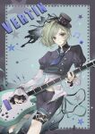  1girl absurdres alternate_costume artist_request beamed_eighth_notes black_hat black_jacket black_shorts black_veil blue_background border character_name chinese_commentary commentary_request commission cropped_jacket electric_guitar feet_out_of_frame grey_border grey_eyes grey_hair guitar hair_bun hat highres holding holding_guitar holding_instrument instrument jacket layered_sleeves lightning_bolt_symbol long_sleeves looking_at_viewer midriff mini_hat mini_top_hat musical_note outside_border puffy_short_sleeves puffy_sleeves reverse:1999 second-party_source shirt short_hair short_over_long_sleeves short_sleeves shorts single_side_bun smile solo star_(symbol) top_hat veil vertin_(reverse:1999) white_shirt 