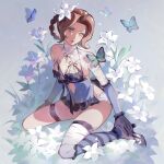  1girl aerith_gainsborough aerith_gainsborough_(garb_of_the_possessed) bandaged_arm bandaged_leg bandaged_neck bandages black_gloves black_shoes blue_butterfly blue_negligee blue_sleeves braid braided_hair_rings breasts brown_hair bug butterfly cleavage closed_mouth cosplay final_fantasy final_fantasy_vii final_fantasy_vii:_ever_crisis flower full_body gloves green_eyes grey_background hair_flower hair_ornament hair_rings kaine_(nier) kaine_(nier)_(cosplay) kneeling long_hair looking_at_viewer medium_breasts negligee official_alternate_costume official_alternate_hairstyle panties parted_bangs shoes single_bare_shoulder skindentation solo thigh_strap thighs underwear white_flower white_panties yubuki_i 