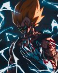  1boy absurdres blonde_hair blood blood_on_arm blood_on_face blood_on_gloves commentary dragon_ball dragon_ball_z electricity evil_grin evil_smile facial_mark forehead_mark gloves grin hand_up highres looking_ahead majin_vegeta male_focus muscular muscular_male short_hair smile solo spiked_hair super_saiyan super_saiyan_2 titanartx tsurime upper_body vegeta white_gloves 