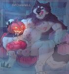 absurd_res animal_genitalia animal_penis anthro baileyx balls belly bodily_fluids canid canine canine_genitalia canine_penis canis cum cum_in_jack-o'-lantern cum_in_pumpkin fence fog food fruit genital_fluids genitals grass growling halloween hi_res holidays jack-o'-lantern knot knotted_penis licking licking_lips looking_at_viewer male mammal musclegut muscular navel night nipple_piercing nipples nude nude_male outside penis piercing plant pumpkin pumpkin_patch sheath solo tail tongue tongue_out vein veiny_knot veiny_penis wolf