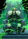  1boy black_eyes black_gloves black_nails bodysuit boots cheekbones commentary covered_abs english_commentary fake_horns fingerless_gloves full_body fur-trimmed_bodysuit fur-trimmed_boots fur_trim gloves gold_helmet green_bodysuit green_boots green_loincloth helmet highres horned_helmet horns joeyvazquezart loki_(marvel) looking_at_viewer male_focus marvel mature_male muscular muscular_male o-ring official_art pelvic_curtain scale_print sitting sitting_on_throne solo steepled_fingers thor_(marvel)_(series) throne western_comics_(style) 
