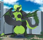 abs anthro areola artist_logo balls bicep_curl big_areola big_balls big_breasts big_knot big_muscles big_nipples big_penis black_body black_clothing black_nipples black_penis blue_sky boots breasts building capcom city city_background claws clothing colored_nails digitigrade fingerless_gloves flying_wyvern footwear forked_tongue genitals gloves green_body green_claws green_clothing green_eyes green_hair green_horn green_nails green_scales gynomorph hair handwear hi_res high_heeled_boots high_heels high_top_shoes horn huge_areola huge_balls huge_breasts huge_knot huge_muscles huge_nipples huge_penis humanoid_genitalia humanoid_penis hybrid_genitalia hybrid_penis hyper hyper_balls hyper_genitalia hyper_knot hyper_penis intersex kaya_(knockedoutdragon) knockedoutdragon knot knotted_humanoid_penis knotted_penis legwear logo long_hair long_tongue macro macro_intersex monster_hunter muscular muscular_anthro muscular_intersex nails nargacuga nipples penis plant presenting scales shoes sky skyscape skyscraper sleeveless_jacket solo street tail thick_tail thigh_highs tongue tree watermark wings