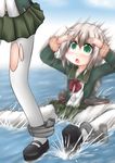  blonde_hair bow commentary female_pervert fur-trimmed_sleeves fur_trim green_eyes green_jacket green_skirt head_out_of_frame implied_pantyshot jacket kantai_collection kunashiri_(kantai_collection) long_hair long_sleeves motion_blur multiple_girls open_mouth ouno_(nounai_disintegration) pantyhose pervert pleated_skirt red_bow school_uniform serafuku shading_eyes shimushu_(kantai_collection) shimushu_pose short_hair skirt torn_clothes torn_legwear white_legwear 