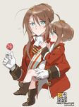  artist_name boots braid brown_footwear brown_hair bullet candy carrying coat copyright_name cuffs dual_persona eating flush food french_braid girls_frontline gloves green_eyes hair_ornament knee_boots lee-enfield_(girls_frontline) lollipop looking_at_another multiple_girls red_coat short_hair simple_background sketch soramame_(corndog) sweatdrop text_focus time_paradox white_gloves younger 