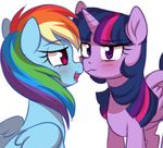  2017 blue_feathers blush duo equine eye_contact eyelashes feathered_wings feathers female feral friendship_is_magic hair horn long_hair mammal momomistress multicolored_hair my_little_pony open_mouth pegasus pink_eyes purple_eyes purple_feathers rainbow_dash_(mlp) rainbow_hair simple_background twilight_sparkle_(mlp) white_background winged_unicorn wings 