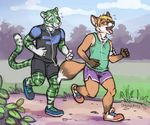  2016 anthro blonde_hair canine chewycuticle clothed clothing dipstick_tail exercise eyewear feline fox fur glasses gloves_(marking) green_fur hair jogging mammal markings multicolored_tail orange_fur outside panting shirt socks_(marking) stripes sweat tank_top tiger 