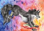  canine feral fuzzymaro jumping mammal traditional_media_(artwork) watercolor_(artwork) wolf 