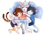  anthro barefoot black_hair brown_hair cat clothed clothing feathered_wings feathers feline group hair male mammal open_mouth pawpads pillow pink_pawpads rikitoka simple_background sleeping smile tongue white_background white_hair wings 