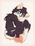  anthro black_fur black_nose blue_eyes blush butt canine cub darkmagic dog fur inner_ear_fluff male mammal open_mouth pawpads simple_background solo teenager white_fur young 