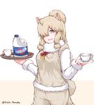  alpaca_ears alpaca_suri_(kemono_friends) animal_ears bleach_(chemical) blonde_hair blue_eyes blush bow brand_name_imitation breast_pocket clorox cup disco_brando eyebrows_visible_through_hair hair_over_one_eye highres holding holding_plate holding_tray kemono_friends looking_at_viewer meme open_mouth plate pocket red_bow short_hair smile solo teacup tray twitter_username 