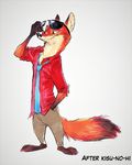  2017 anthro barefoot canine clothed clothing disney english_text eyewear fox half-closed_eyes hand_in_pocket male mammal monoflax necktie nick_wilde simple_background smile solo standing sunglasses text white_background zootopia 